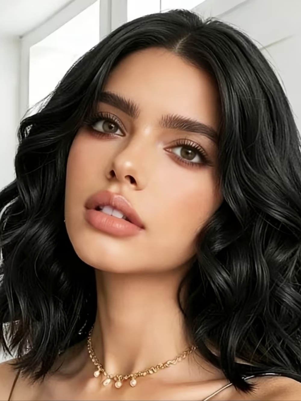 Black Wavy Shoulder-Length Wig with Natural Shine 3307 adjustible
